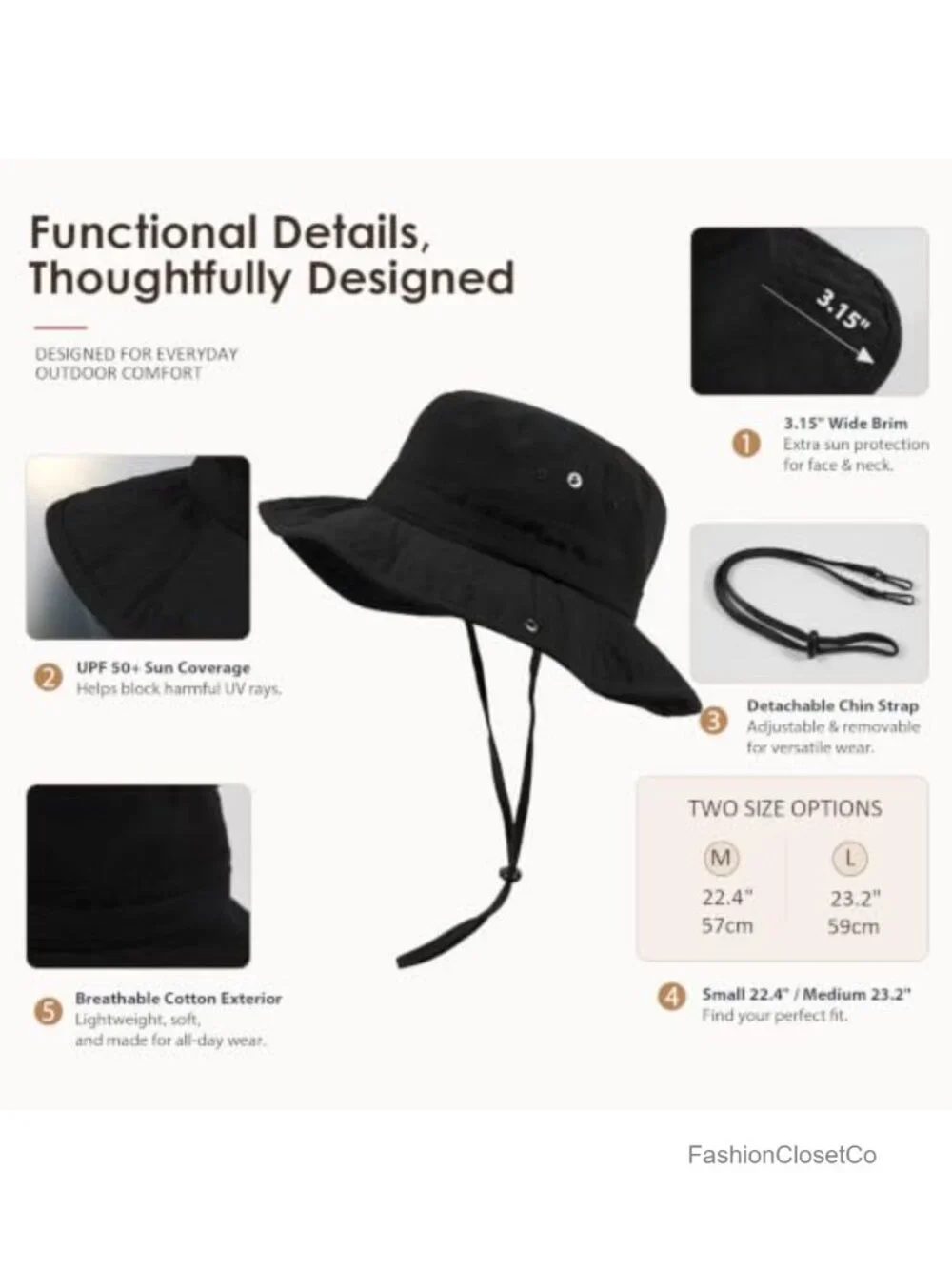 Satin Lined Sun Hat Wide Brim Washed Cotton with Satin Lining for Beach Travel